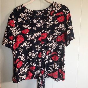 Madewell Black Floral Tie-Front Blouse with Red and White Flowers